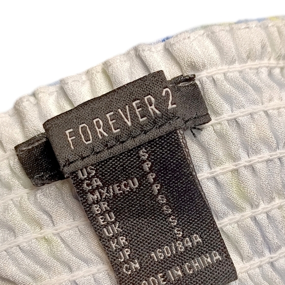 FOREVER 21 Blue Yellow Floral Print Smocked Strappy Sleeveless Mini Dress Small - Picture 3 of 9